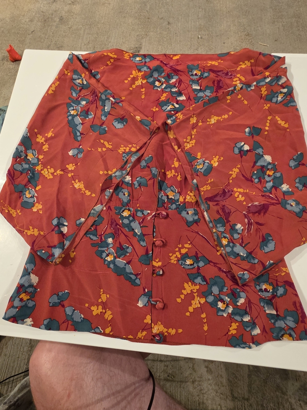 Anna Sui Red Floral Button-Front Blouse with Teal and Yellow Accents
